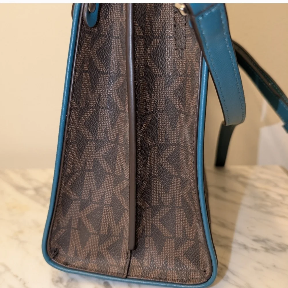 Michael Kors Brown Satchel with Teal and Light Blue Trim